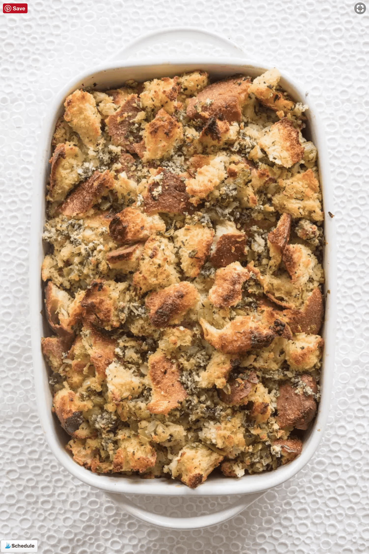 Stuffing in a white casserole dish